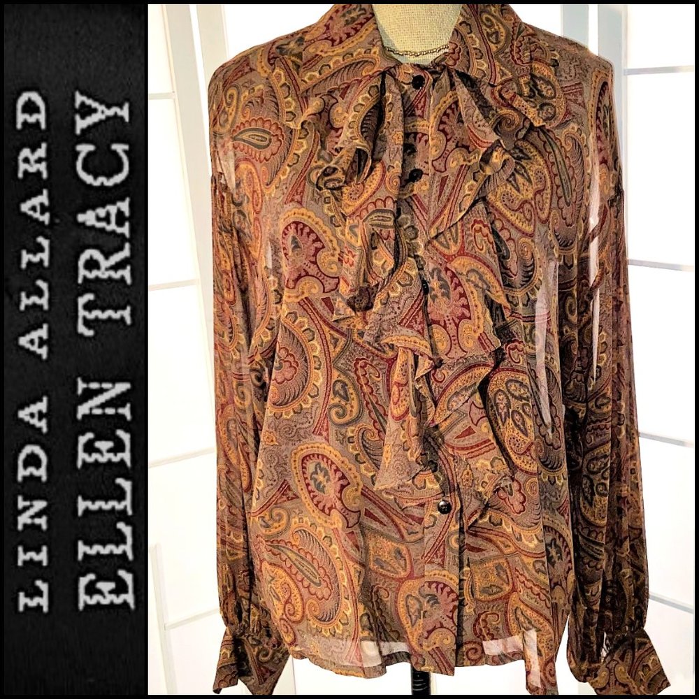 Ellen Tracy Sheer Silk Paisley Button Front Ruffle